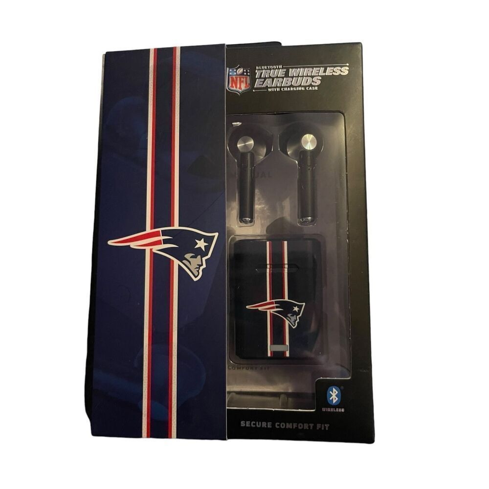 NFL Bluetooth Wireless Earbuds with Charging Case Patriots Logo Black and Navy